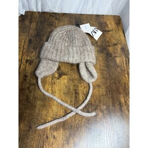 ZARA Alpaca Blend Knit Ear Flap Beanie Hat Brown Winter Fuzzy Soft NWT Women's